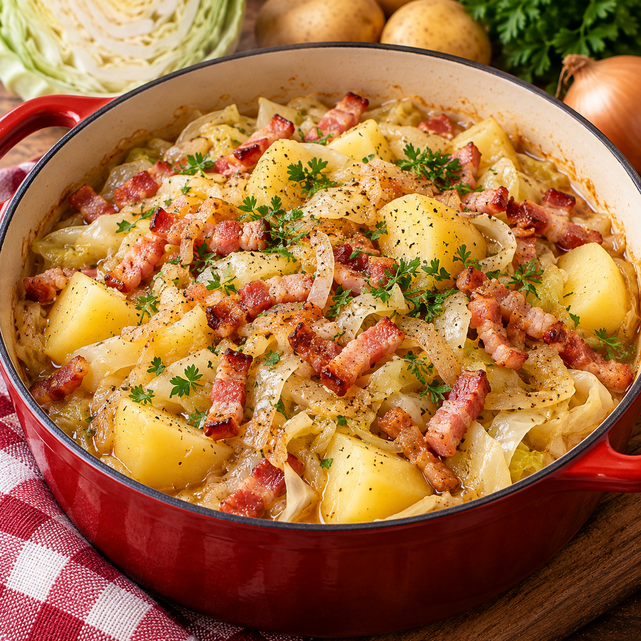 Chou blanc aux lardons et pommes de terre