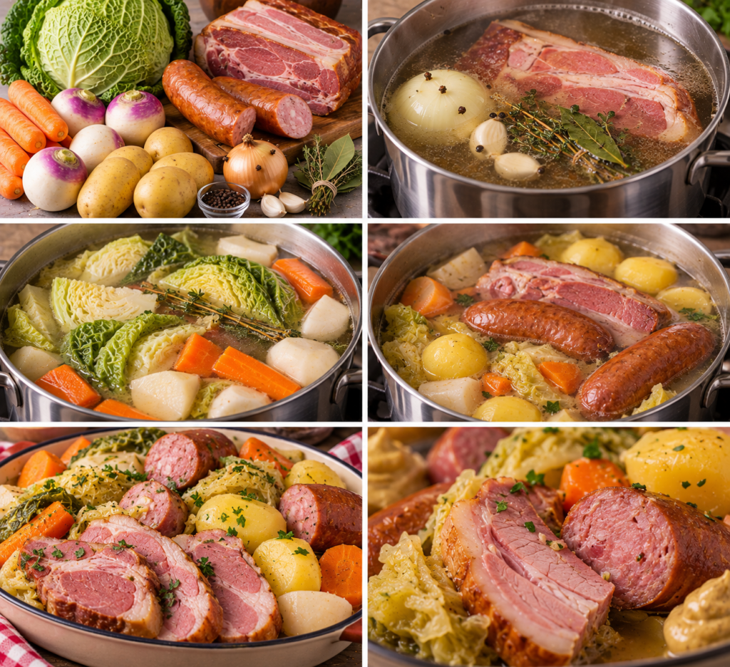 A cozy homemade cooking scene featuring potée lorraine simmering in a large, rustic pot on a wooden kitchen table. In the foreground, colorful vegetables like carrots, potatoes, and cabbage are beautifully arranged, showcasing their textures. The pot is filled with a rich, smoky broth, bubbling gently, steam rising in the warm, ambient kitchen light. In the middle, a wooden ladle rests alongside, with a backdrop of rustic kitchenware and herbs hanging from the wall. Soft, natural lighting filters through a nearby window, casting warm hues and gentle shadows, creating an inviting atmosphere. The scene exudes a sense of comfort and generosity, highlighting the traditional, slow-cooked essence of the dish. Potée lorraine vosgienne