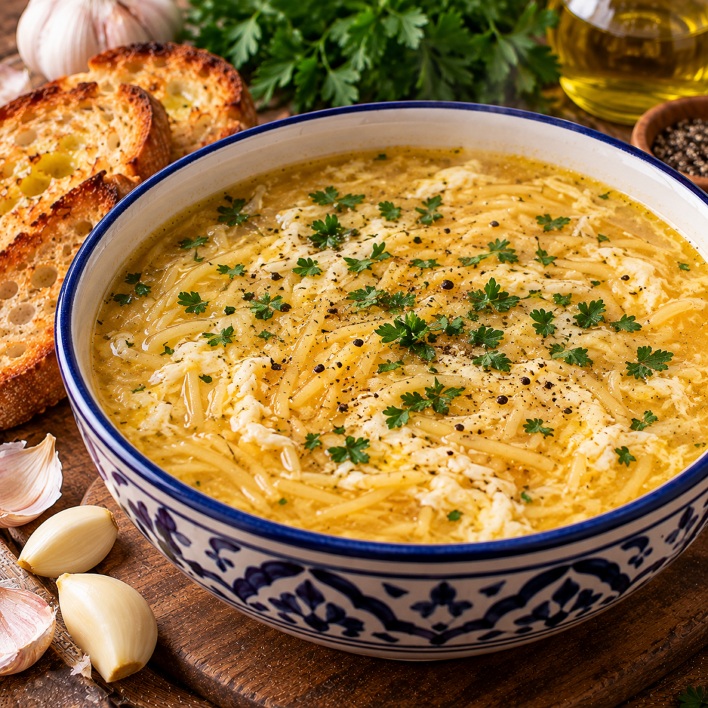Soupe de vermicelles à l’ail et aux œufs