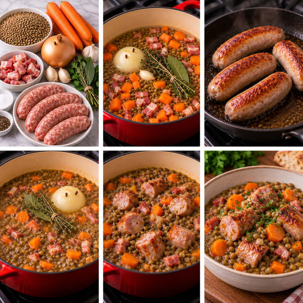 A beautifully arranged rustic kitchen table scene featuring a chef's knife, prominently positioned in the foreground, reflecting a polished steel blade. Surrounding the knife are vibrant ingredients like fresh lentils, succulent sausages, and sprigs of aromatic herbs, all bathed in warm, inviting light. The middle ground highlights a cast-iron pot simmering with the traditional dish, sending up gentle steam, while a wooden spoon rests invitingly beside it. In the background, soft-focus shelves lined with vintage kitchenware and potted herbs create a cozy atmosphere. The entire scene radiates a sense of homeliness and nostalgia, evoking memories of family meals prepared with love, perfect for illustrating a traditional recipe. Lentilles Toulousaines aux Saucisses et Lard Fumé