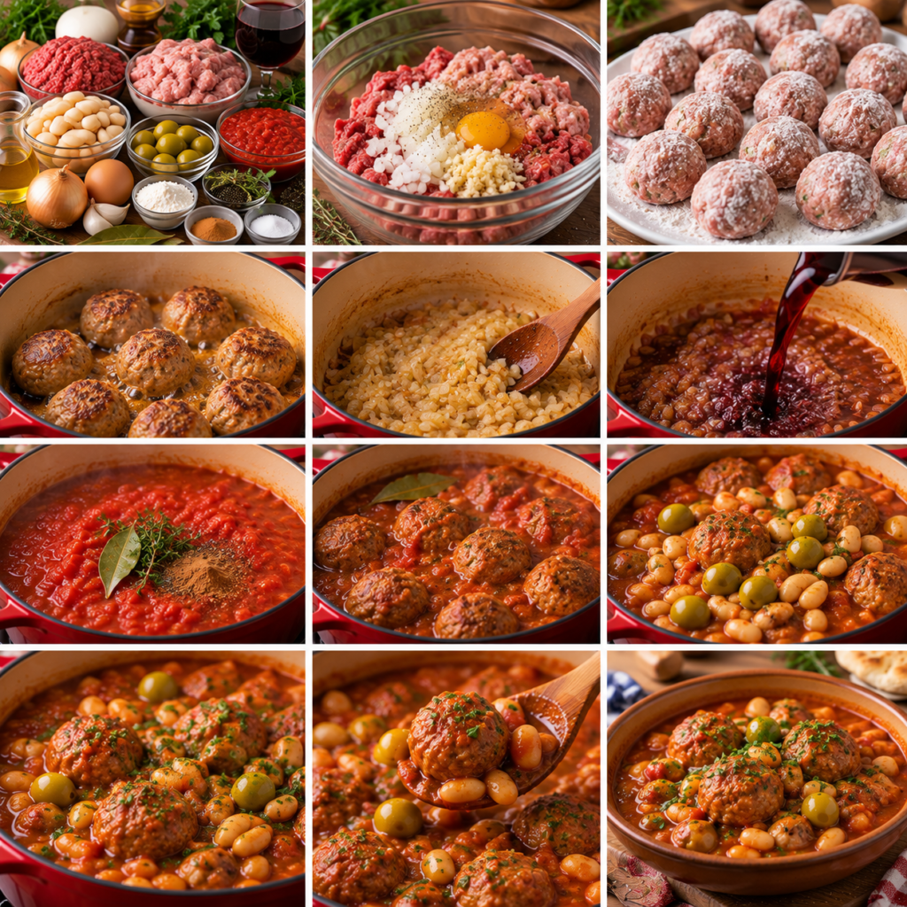 A cozy homemade cooking scene featuring "mijotage des boulettes" in a rustic kitchen. In the foreground, a pot filled with delicious, simmering meatballs in a rich tomato sauce, with white beans and green olives. The pot has a wooden spoon resting on the side, and steam gently rises, creating a warm atmosphere. In the middle, a rustic wooden table holds fresh ingredients like basil, garlic, and olive oil, enhancing the culinary vibe. The background reveals vintage kitchenware and soft, warm lighting filtering through a window, creating a welcoming ambiance. The focus is on the hearty dish, capturing the essence of Catalan cuisine, with a sense of home and tradition. The composition should evoke comfort and the joy of cooking. Boles de picolat à la catalane