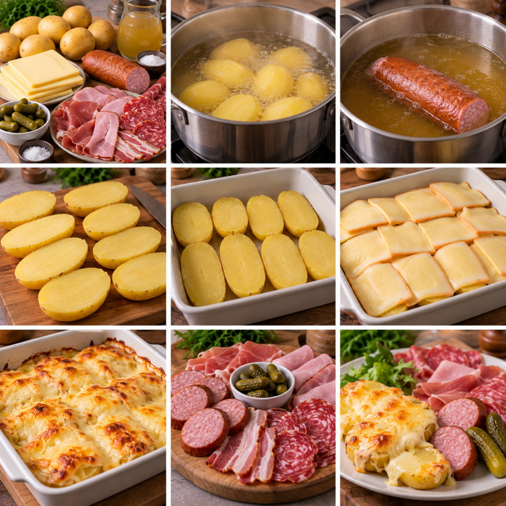 A cozy homemade cooking scene featuring golden-brown roasted potatoes and freshly cooked Morteau sausage, elegantly arranged on a rustic wooden kitchen table. In the foreground, the crispy potatoes are garnished with fresh herbs and served alongside slices of the savory sausage, all on an artisanal cutting board. The middle ground reveals a warm, inviting kitchen with a glowing oven in the background, casting a soft, golden light. Add a glimpse of vintage kitchen utensils and a bowl of fresh herbs. Capture the atmosphere of a convivial family gathering with warm, soft lighting illuminating the space, creating a welcoming ambiance of love and comfort. The angle should be slightly elevated, focusing on the dish while still showcasing the charming surroundings of the kitchen. Raclette au four pommes de terre et charcuterie
