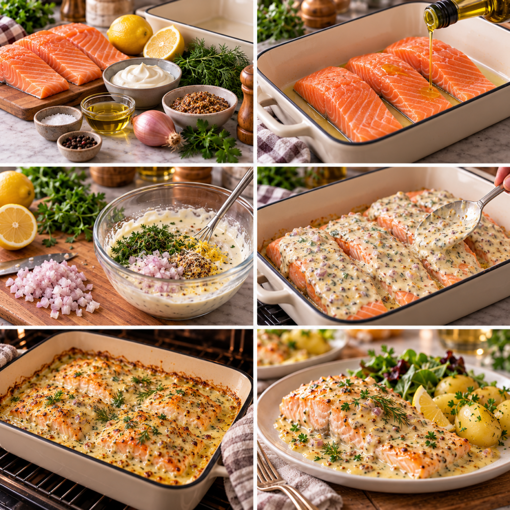 A cozy homemade cooking scene showcasing a beautifully cooked salmon fillet, glistening with a creamy mustard sauce, resting on a rustic wooden kitchen table. In the foreground, emphasize the golden-brown edges of the salmon, with hints of herbs sprinkled on top. The middle scene features a small dish of mustard sauce and a side of vibrant, sautéed vegetables adding color. Soft, warm lighting cascades from a large window in the background, creating an inviting atmosphere. The kitchen elements include ceramic dishes and wooden utensils, enhancing the homely feel. The overall mood is comforting and appetizing, perfect for illustrating the process of baking salmon to achieve a tender, melt-in-your-mouth texture. Saumon au four à la crème et moutarde