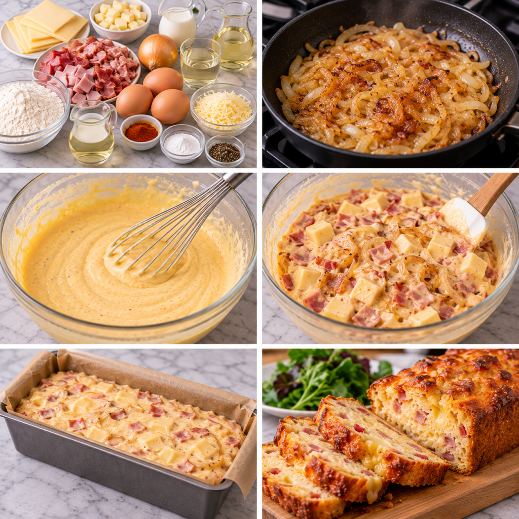 A warm and inviting rustic kitchen scene showcasing the preparation of "Cake à la Raclette." In the foreground, a wooden cutting board is adorned with slices of raclette cheese, thinly cut charcuterie, and chopped onions, all neatly arranged for cooking. In the middle, a mixing bowl filled with batter, with a spatula resting beside it, hints at the stage of mixing ingredients. A baking dish is set nearby, ready to be filled. The background features a wooden kitchen table and shelves lined with spices and cooking utensils, complemented by soft, natural sunlight filtering through a window, creating a cozy atmosphere. The overall mood is comforting and homely, capturing the essence of a simple, delicious meal in the making. Cake à la Raclette