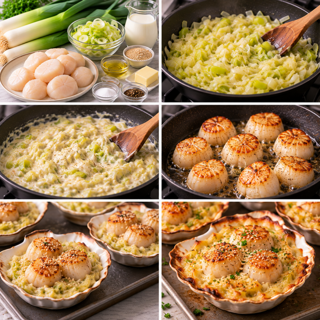 A cozy rustic kitchen scene showcasing a sleek non-stick sauté pan filled with sautéed leeks, their vibrant green hues glistening and perfectly cooked for a refined recipe. In the foreground, a wooden cutting board displays fresh scallops, impeccably arranged, ready for searing. The warm glow of soft, ambient lighting illuminates the scene, creating a comforting atmosphere. In the background, a wooden dining table is set with a simple white dish featuring the creamy scallops over the sautéed leeks. The camera angle captures a warm, inviting perspective, highlighting the richness and texture of the ingredients, evoking a sense of homely elegance. Saint-Jacques sur lit de poireaux