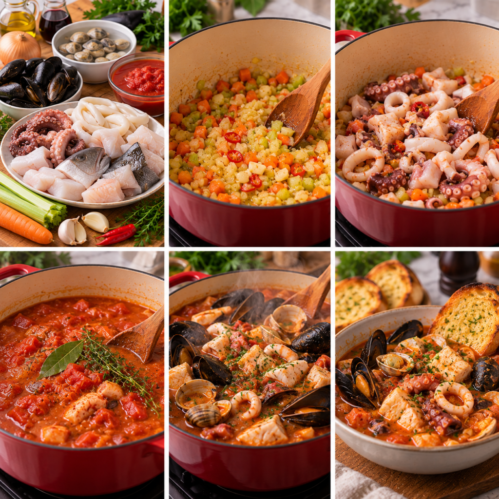 A rustic kitchen table set for cooking, displaying a vibrant array of fresh seafood including octopus, shrimp, and fish, all arranged beside a bubbling pot of Cacciucco stew simmering over a flame. The pot is rich with tomatoes, garlic, and herbs, emitting steam that gently fills the air. In the foreground, wooden utensils and ingredients like olive oil and fresh parsley suggest the preparation process. Soft, natural light filters through a nearby window, casting warm, inviting shadows. In the background, shelves lined with jars of spices and a simple, colorful tablecloth add to the homey atmosphere, evoking a sense of warmth and culinary tradition in Livorno. The mood is cozy and inviting, perfect for a homemade meal. Cacciucco italien