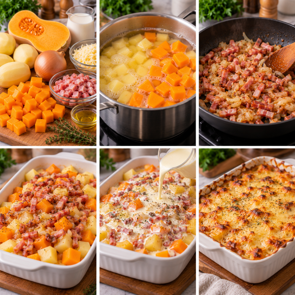 A cozy rustic kitchen scene featuring the précuisson des légumes for a creamy butternut squash and potato gratin. In the foreground, a cutting board with vibrant slices of butternut squash and golden potatoes, accompanied by crispy lardons. A pot simmering on a classic stove emits gentle steam, surrounded by fresh herbs like thyme and parsley. In the middle ground, a wooden table set with a mixing bowl, spoon, and ingredients, all bathed in warm, natural light from a nearby window, creating a welcoming atmosphere. The background reveals quaint kitchen elements, such as hanging utensils and colorful dishware, enhancing the homely feeling. The image captures a sense of anticipation and comfort, inviting viewers to imagine the delightful cooking process. Gratin pommes de terre butternut et lardons