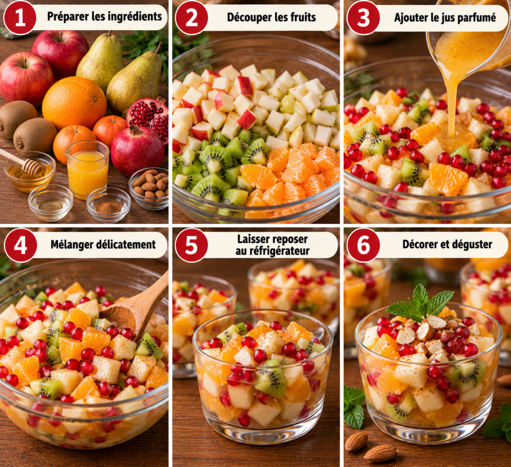 A cozy homemade cooking scene featuring the preparation of a vibrant winter fruit salad with pomegranate. In the foreground, a wooden cutting board holds freshly chopped fruits like bright red pomegranate seeds, juicy oranges, and yellow bananas, all glistening under soft warm light. Beside the board, a colorful ceramic bowl awaits, ready to be filled. In the middle ground, a rustic kitchen table is adorned with a checkered cloth, and a few sprigs of mint add a touch of freshness. The background features softly blurred kitchen elements like fruit baskets and herbs on shelves. The overall atmosphere is warm and inviting, promoting a sense of freshness and color, ideal for holiday cooking. The lighting should be soft and natural, evoking the feeling of a cheerful winter kitchen. Salade de Fruits d’Hiver à la Grenade