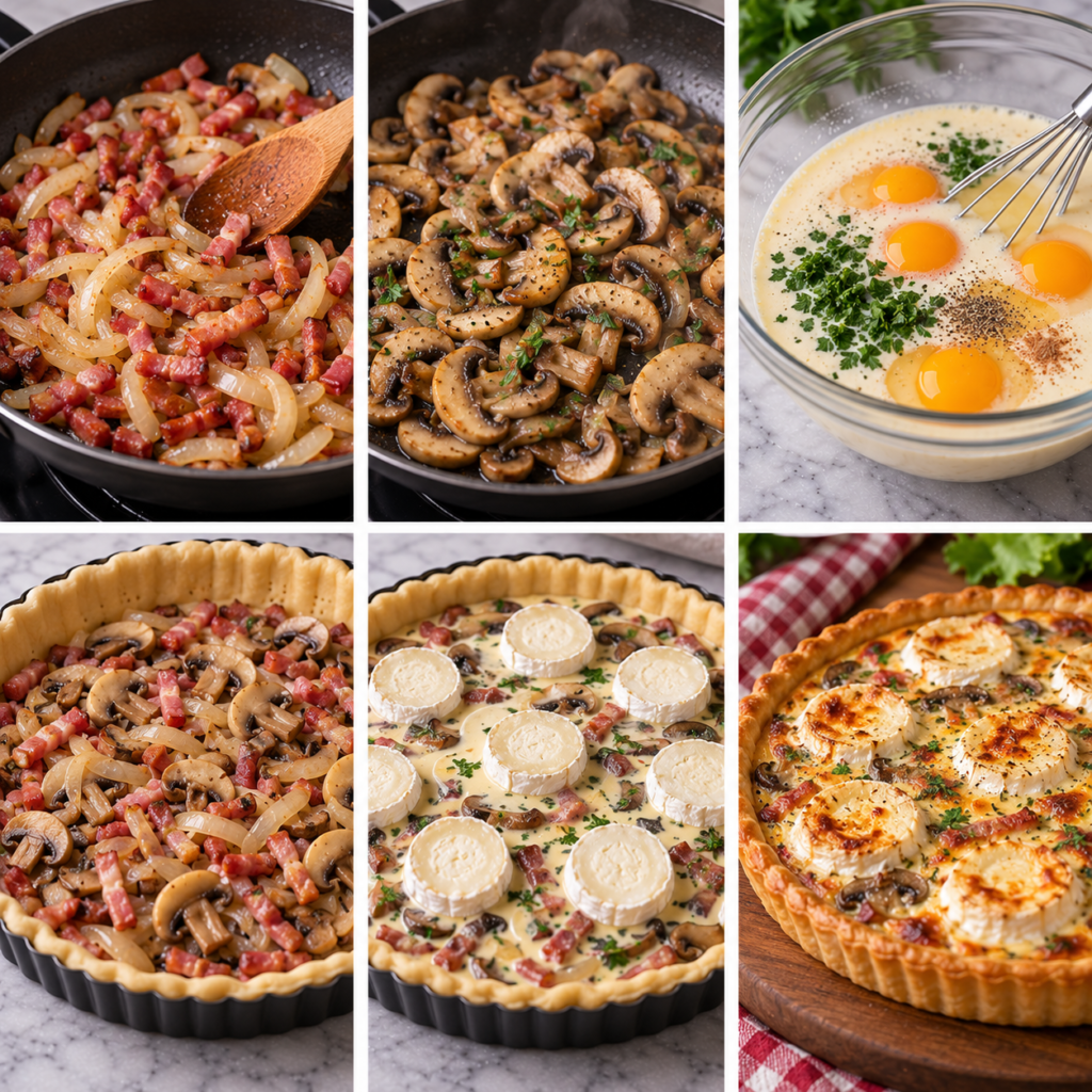 A cozy, rustic kitchen scene showcasing a luscious, creamy garniture fondante with Paris mushrooms on a wooden table. The foreground features a beautifully baked tart with a golden crust, overflowing with melted goat cheese and speckled with sautéed mushrooms. In the middle ground, fresh herbs and a small bowl of creamy sauce add a touch of color, while the background reveals a quaint kitchen with vintage utensils and warm, soft lighting illuminating the space. The atmosphere is inviting and homely, evoking a sense of comfort and deliciousness. The scene should capture the essence of homemade cooking, focusing on textures and colors that highlight the richness of the dish. Tarte Campagnarde au Chèvre Lardons et Champignons