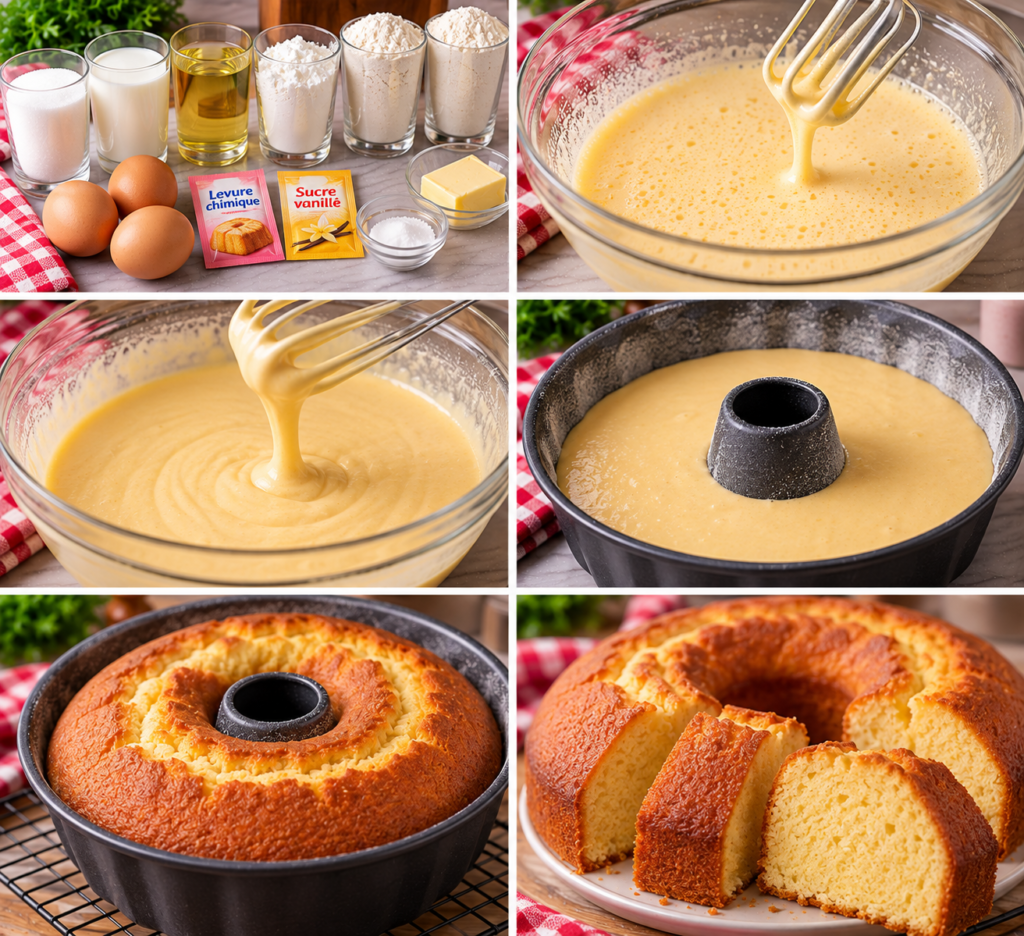 A warm and inviting kitchen scene showcasing a beautifully presented "Gâteau aux 6 verres," prominently displayed on a rustic wooden table. The cake, golden and fluffy, is sliced to reveal its light and homogeneous texture. In the foreground, there are measuring cups filled with ingredients like flour, sugar, and eggs, hinting at the easy measurement process. Soft natural light filters through a nearby window, casting a gentle glow on the cake and the surrounding elements. In the background, shelves stocked with cooking tools and jars of baking ingredients create an organized, cozy atmosphere, enhancing the homey feel of the scene. The focus is on the cake, evoking a sense of warmth, comfort, and delightful anticipation for homemade desserts. Gâteau aux 6 verres
