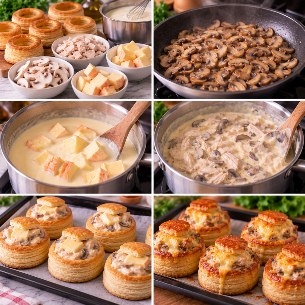 A cozy homemade cooking scene featuring "Vol-au-Vent au Maroilles Façon Ch’tis" on a rustic wooden kitchen table. In the foreground, showcase a delicate, golden-brown vol-au-vent filled with a rich, creamy chicken and mushroom mixture, garnished with fresh herbs. The middle layer should include various cooking ingredients like mushrooms, chicken pieces, and Maroilles cheese artfully arranged around the dish. In the background, visualize warm lighting filtering through a window, illuminating the rustic kitchen with wooden cabinets and a hint of kitchenware. Capture a sense of comfort and homely warmth, evoking delicious, hearty cooking that brings people together. The composition should be inviting and delectable, emphasizing the creamy texture of the filling. Vol-au-Vent au Maroilles Façon Ch’tis