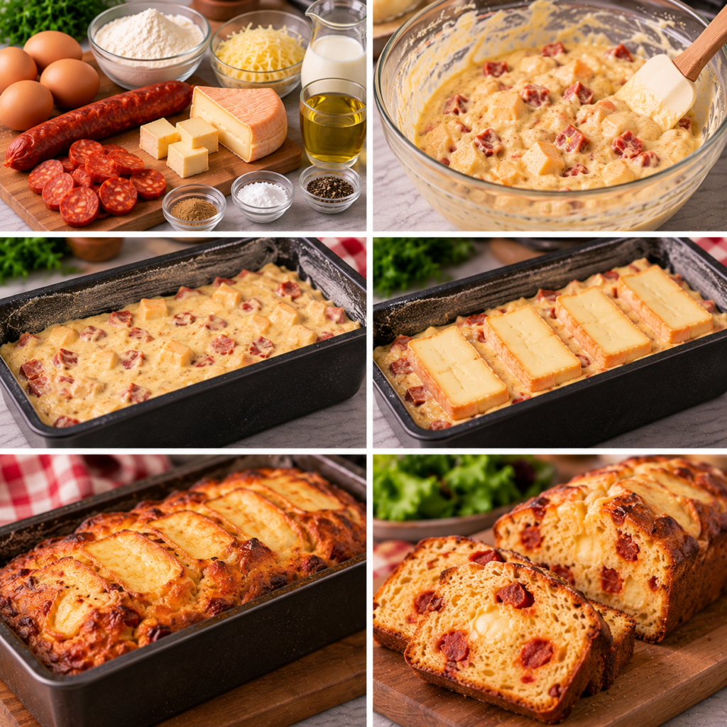 A cozy homemade cooking scene in a rustic kitchen, featuring a freshly baked Chorizo Maroilles cake displayed on a wooden cutting board. The cake is golden brown with a slightly crispy crust and has visible chunks of chorizo and melted Maroilles cheese oozing from the sides, emphasizing its moist and indulgent texture. Surrounding the cake are ingredients like diced chorizo, slices of cheese, and fresh herbs, creating a vibrant, colorful setting. Warm, soft lighting filters through a nearby window, casting gentle shadows and highlighting the details of the ingredients. The atmosphere is inviting and homey, ideal for showcasing the step-by-step preparation of this delicious savory recipe. Cake chorizo Maroilles