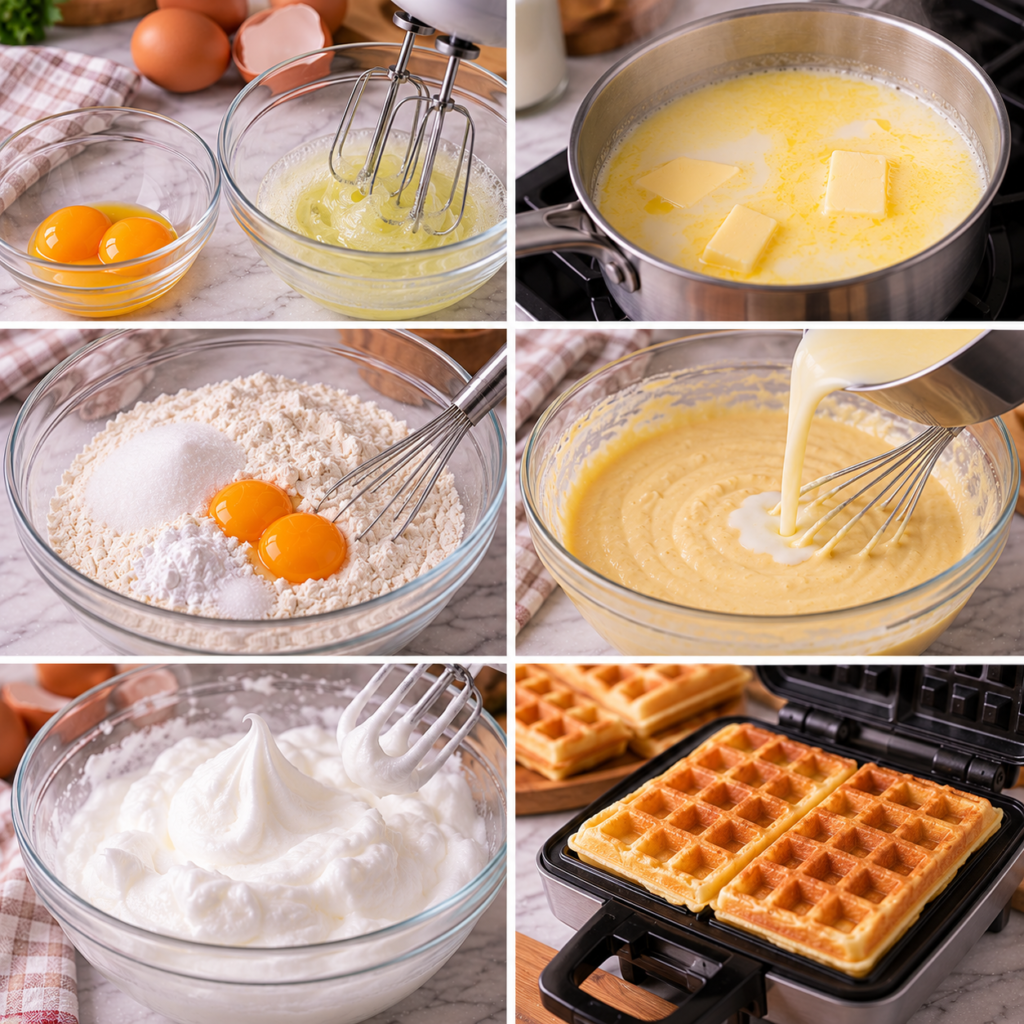A cozy rustic kitchen scene showcasing the preparation of a fluffy waffle batter using whipped egg whites. In the foreground, a glass mixing bowl filled with glossy, pure white egg whites sits on a wooden table, their texture light and airy. Surrounding the bowl, essential ingredients like flour, sugar, and milk are neatly arranged. In the middle ground, a hand equipped with a whisk gently folds the whipped egg whites into the batter. In the background, soft, warm lighting floods the scene, highlighting a vintage sifter and a waffle iron waiting to be used. The atmosphere feels inviting and homey, reminiscent of weekend mornings spent cooking delicious treats. Capture this moment with a soft focus, ensuring a warm and intentional composition. Pâte à gaufre maison sans repos