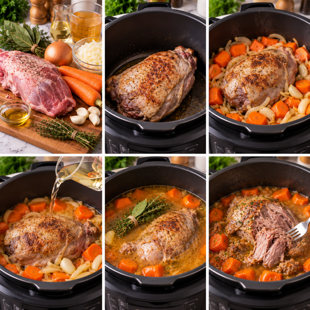 A rustic kitchen scene focused on a wooden cutting board, showcasing fresh ingredients for cooking a tender lamb gigot. The foreground features vibrant vegetables like carrots, potatoes, and rosemary sprigs artfully arranged alongside a succulent lamb leg tucked within a cozy kitchen ambiance. In the middle, soft natural lighting filters through a nearby window, creating a warm glow that illuminates the textures of the fresh produce and the grain of the cutting board. The background hints at stone walls and vintage kitchen utensils, enhancing the homemade cooking vibe. This intimate, inviting atmosphere reflects culinary craftsmanship, capturing the essence of slow-cooked meals with an emphasis on freshness and warmth, evoking a sense of comfort and tradition. Gigot d’agneau de sept heures au Cookeo