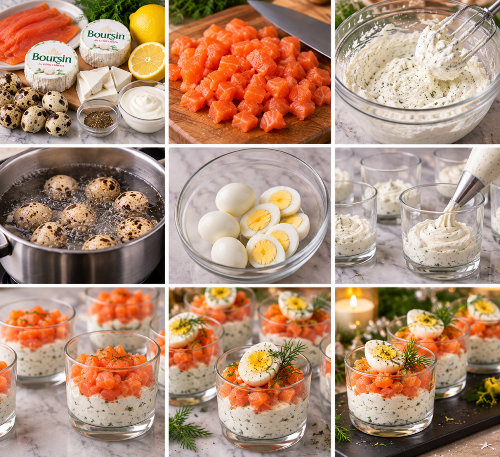 A cozy homemade cooking scene featuring a beautifully arranged selection of smoked salmon verrines on a rustic wooden kitchen table. In the foreground, three clear glass verrines showcase vibrant layers of creamy Boursin mousse and delicate pieces of smoked salmon, garnished with fresh dill and a sprinkle of lemon zest. The middle of the image includes kitchen utensils, such as a whisk and spoon, alongside fresh ingredients like lemon slices and dill sprigs. In the background, soft natural light streams in through a window, casting a warm glow over the scene, enhancing the inviting atmosphere. A shallow depth of field focuses on the verrines while softly blurring the background, creating a serene and appetizing mood. Verrines saumon fumé et mousse de Boursin