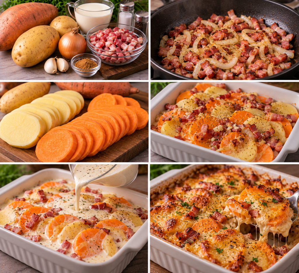 A cozy kitchen scene featuring a mandoline slicer prominently in the foreground, beautifully arranged with freshly cut soft vegetables, such as sweet potatoes and regular potatoes, ready for a creamy gratin. The mandoline, made of stainless steel with a wooden handle, sits on a rustic wooden table sprinkled with flour, with soft lighting creating a warm, inviting atmosphere. In the background, a simmering pot and a baking dish filled with layers of ingredients can be seen, hinting at the cooking process. The setting includes vintage kitchen tools and potted herbs, enhancing the homemade feel. The image captures the essence of preparing a delicious, comforting dish, focusing on the precise, elegant slicing of vegetables. Gratin patate douce pomme de terre et lardons