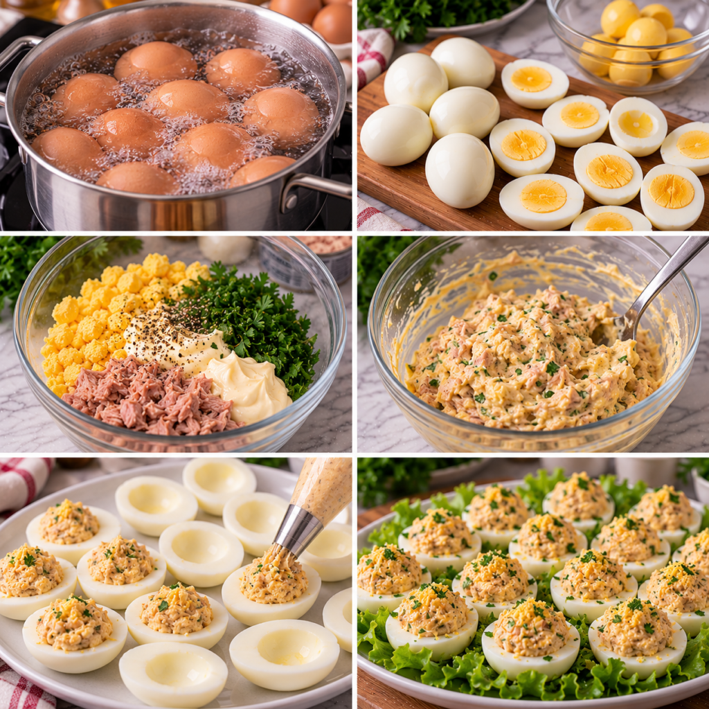 A cozy homemade cooking scene featuring "Œufs Mimosa au Thon" served on a rustic wooden kitchen table. The dish is beautifully arranged with halved boiled eggs, their yolks mixed with creamy tuna, garnished with fresh herbs like parsley and a sprinkle of paprika. In the foreground, a vintage fork and a small bowl of mayonnaise are placed next to the dish. In the middle ground, simple yet charming kitchen elements like a wooden cutting board, fresh vegetables, and a potted herb plant add warmth. Soft natural light filters through a nearby window, casting gentle shadows, enhancing the inviting atmosphere. The lens perspective is slightly angled to showcase both the dish and the surrounding kitchen setting, evoking a fresh, homely feeling. Œufs Mimosa au Thon