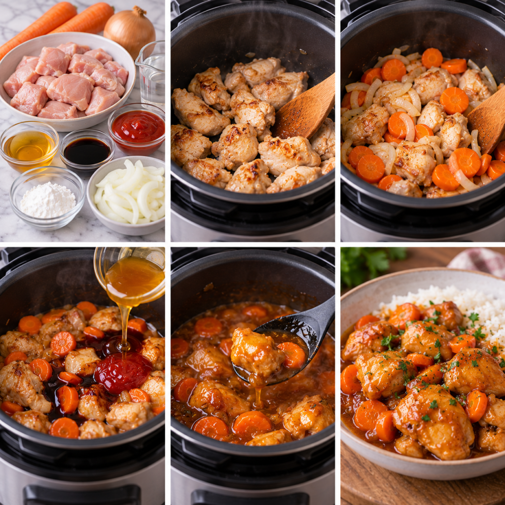 A cozy kitchen scene depicting a pressure cooker (Cookeo) positioned on a rustic wooden kitchen table. The Cookeo is sleek and modern, with its lid slightly ajar, revealing tender pieces of sweet-and-sour chicken with glossy caramelized honey and soy sauce. Surrounding the cooker are vibrant, freshly chopped carrots in varying sizes, adding a pop of color to the composition. The soft, warm lighting creates a welcoming atmosphere, enhancing the inviting nature of homemade cooking. In the background, blurred shelves filled with spices and kitchen utensils add depth to the scene, while a gentle steam rises from the cooker, suggesting a recently completed cooking process. The mood is warm and appetizing, perfect for illustrating an easy recipe preparation. Poulet sucré-salé au Cookeo