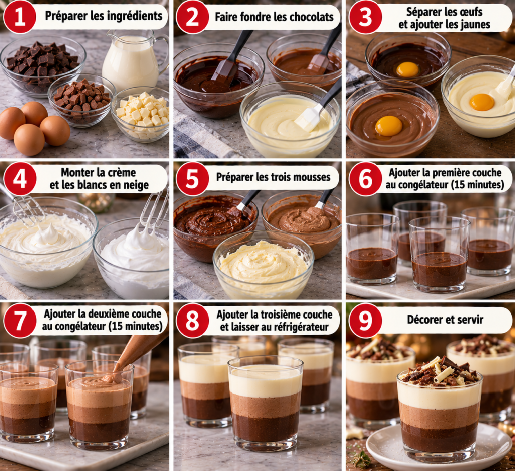 A cozy homemade cooking scene featuring three layers of luxurious chocolate mousse served in elegant glass cups, arranged on a rustic wooden kitchen table. The foreground showcases the smooth, creamy layers of dark, milk, and white chocolate mousse, each distinctly visible with a glossy finish. In the middle ground, a wooden spoon rests beside the cups, hinting at a recent preparation. The background softly blurs, showcasing warm kitchen elements like a whisk and a baking dish, illuminated by gentle, natural light streaming through a nearby window. The atmosphere is inviting and warm, capturing the essence of a comforting and indulgent dessert experience. Mousse aux Trois Chocolats