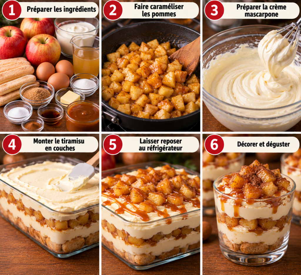 A cozy homemade cooking scene depicting "tiramisu aux pommes" on a rustic wooden kitchen table. The dessert features layers of creamy mascarpone cheese infused with a hint of coffee and apple slices, drizzled with rich caramel made from salted butter. In the foreground, a slice of tiramisu is presented on a delicate plate, garnished with a sprinkle of cocoa powder and a caramel drizzle. In the middle, there are fresh, caramelized apple pieces alongside a small bowl of caramel sauce, adding warmth to the composition. In the background, soft, natural lighting filters through a window, illuminating a few rustic kitchen items like a whisk and measuring cups, creating a welcoming and homely atmosphere. The mood is inviting and serene, perfect for a culinary exploration. tiramisu aux pommes