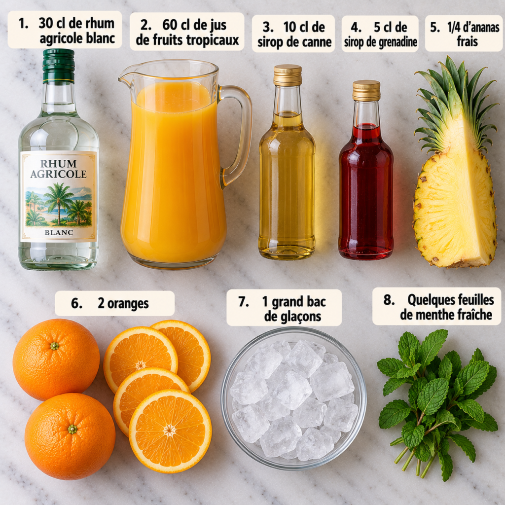 A cozy homemade cooking scene featuring the ingredients for Planteur Martiniquais displayed on a rustic wooden kitchen table. In the foreground, showcase a vibrant arrangement of fresh tropical fruits including oranges, pineapples, and passion fruits, alongside a bottle of white rum and a glass pitcher. The middle ground includes a cutting board with sliced fruit, a jigger, and a small bowl of sugar, enhancing the preparation atmosphere. The background reveals warm wooden shelves stocked with spices and glassware, softly illuminated by natural light streaming in through a window. The mood is festive and inviting, perfect for a tropical cocktail gathering. The color palette is bright and cheerful, emphasizing freshness and exotic vibes. Planteur Martiniquais
