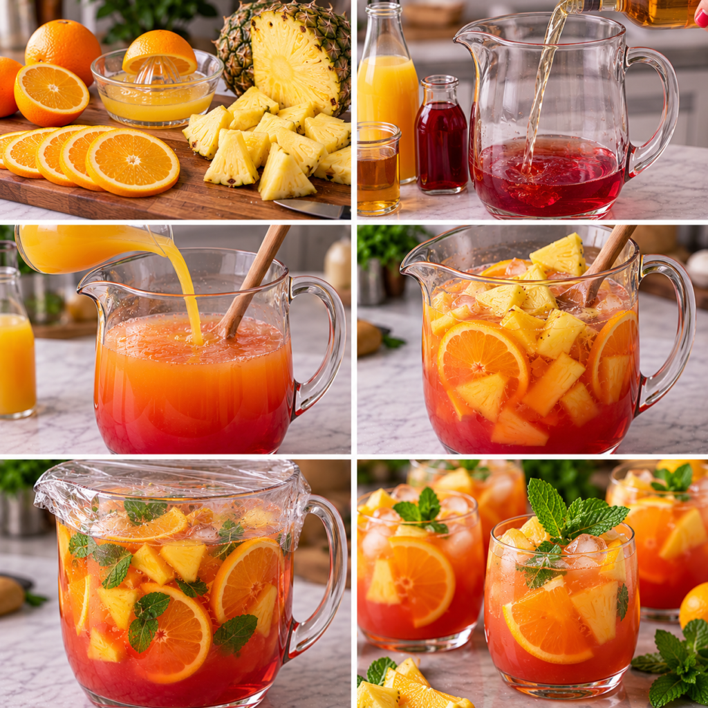 A cozy homemade cooking scene set in a rustic kitchen. In the foreground, a vibrant assortment of fresh tropical fruits like ripe pineapples, oranges, and guavas is artfully arranged on a wooden cutting board. A shimmering glass pitcher filled with a colorful Planteur Martiniquais cocktail, garnished with mint leaves and fruit slices, sits invitingly beside it. The middle ground showcases a kitchen counter with a traditional rum bottle and various mixers, captured in soft afternoon light. In the background, warm wooden cabinets and potted plants create an inviting atmosphere. The lighting is warm and inviting, evoking a festive mood perfect for a tropical gathering. The scene invites the viewer to feel the joy of preparing this exotic cocktail step by step. Planteur Martiniquais